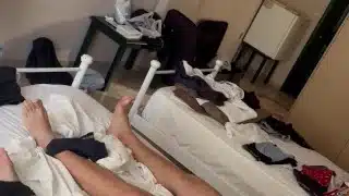 roommates bros jerking off together in bed, big and small dick