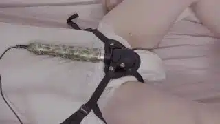 Sissy bunny cums with vibrator tied in wet diaper