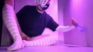 Sissy trans slut femboy plays with a rubber dick with her sweet ass