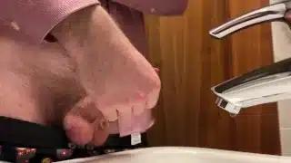 Hairy guy in suit pissing and jerking off at office toilet and cum into restroom’s sink